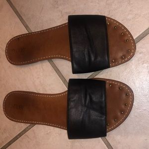 Black Leather Slides